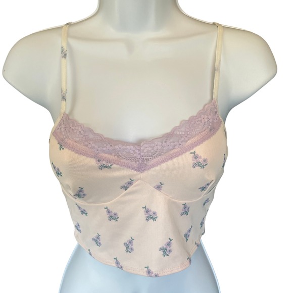 Edikted Tops - Womens Y2K Fairy Babydoll Floral Lace Trim Cropped Cami Top Small Pink Coquette